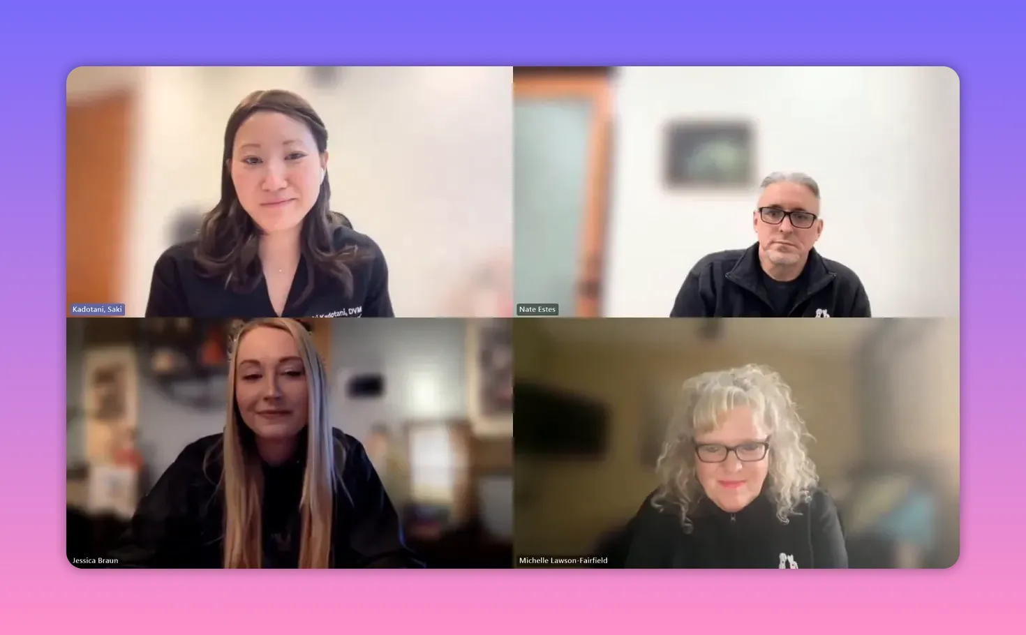 Clear four-person video conference grid with a veterinarian top-left and collaborators in the other panels.
