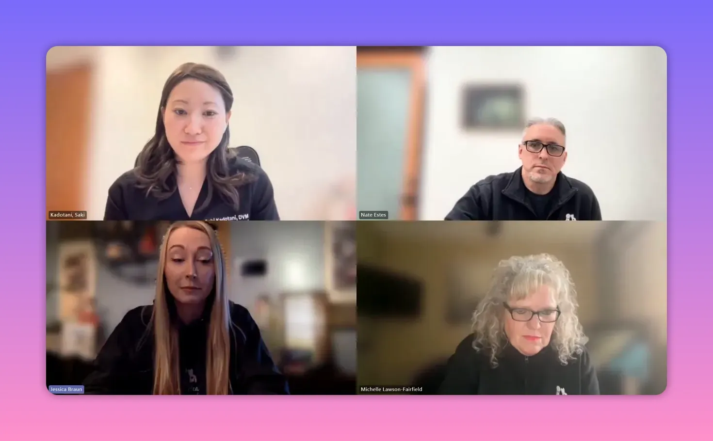 High-quality, clear screenshot of a four-person virtual panel discussing canine mitral valve treatment options; faces are well framed with minimal motion blur.