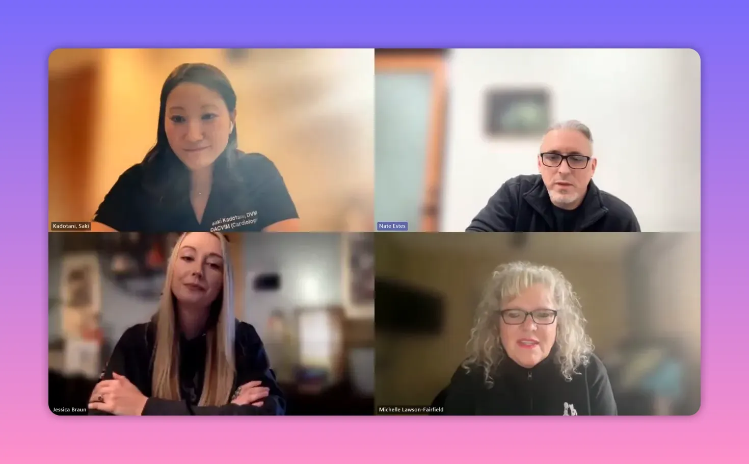 Clear video conference screenshot of four participants discussing left atrial decompression as a bridge to definitive mitral valve repair.